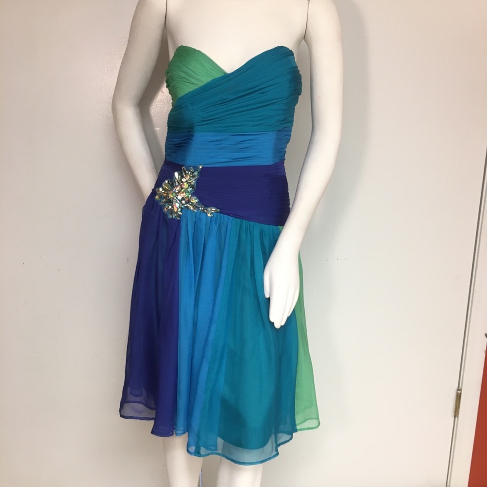 Shades of blue and Green Strapless Chiffon Dress